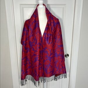 Pashmina Cashmere Scarf Wrap Shawl Leaf Motif Floral Red Purple Fringe